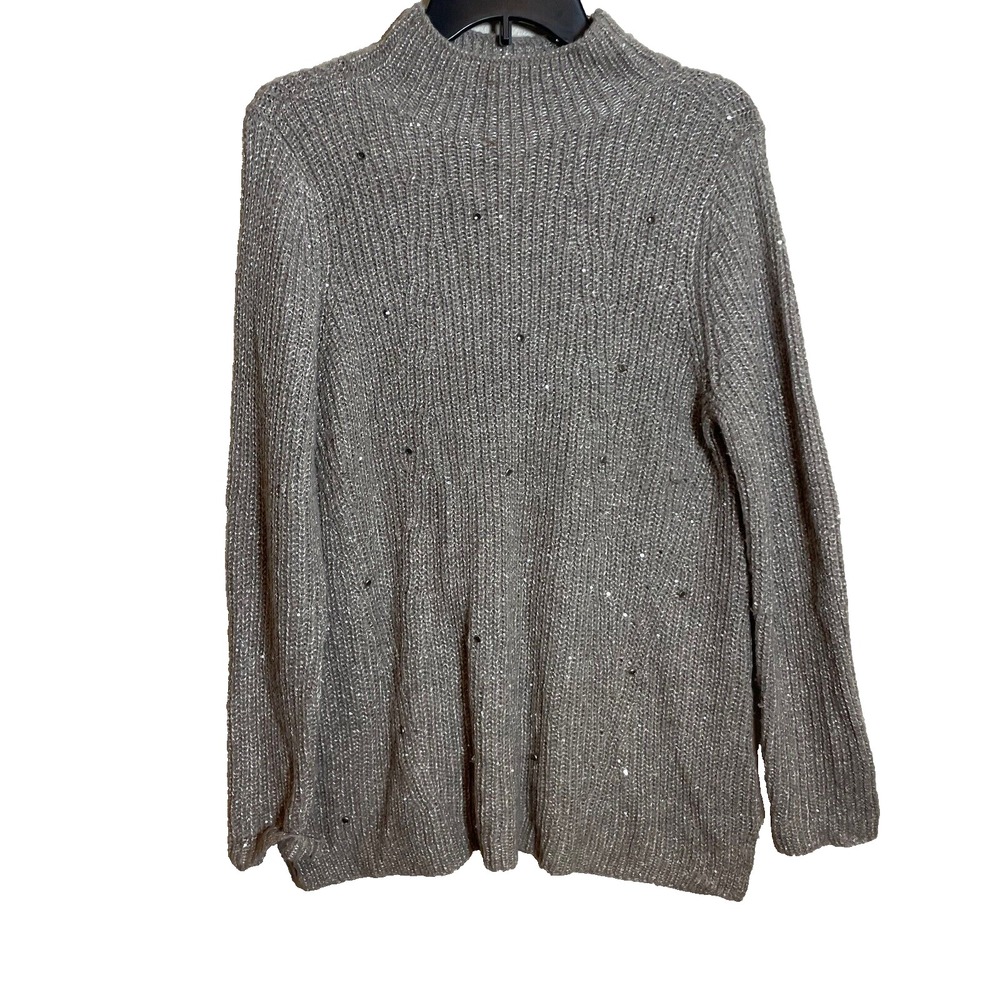 Chico's Pullover Sweater Womens M Gray Long Sleeve Mock Neck Sequin Cable Knit